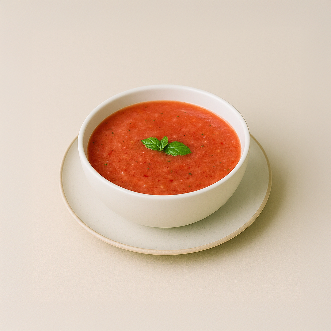 Soupe froide aux tomates, fraises, basilic et collagène