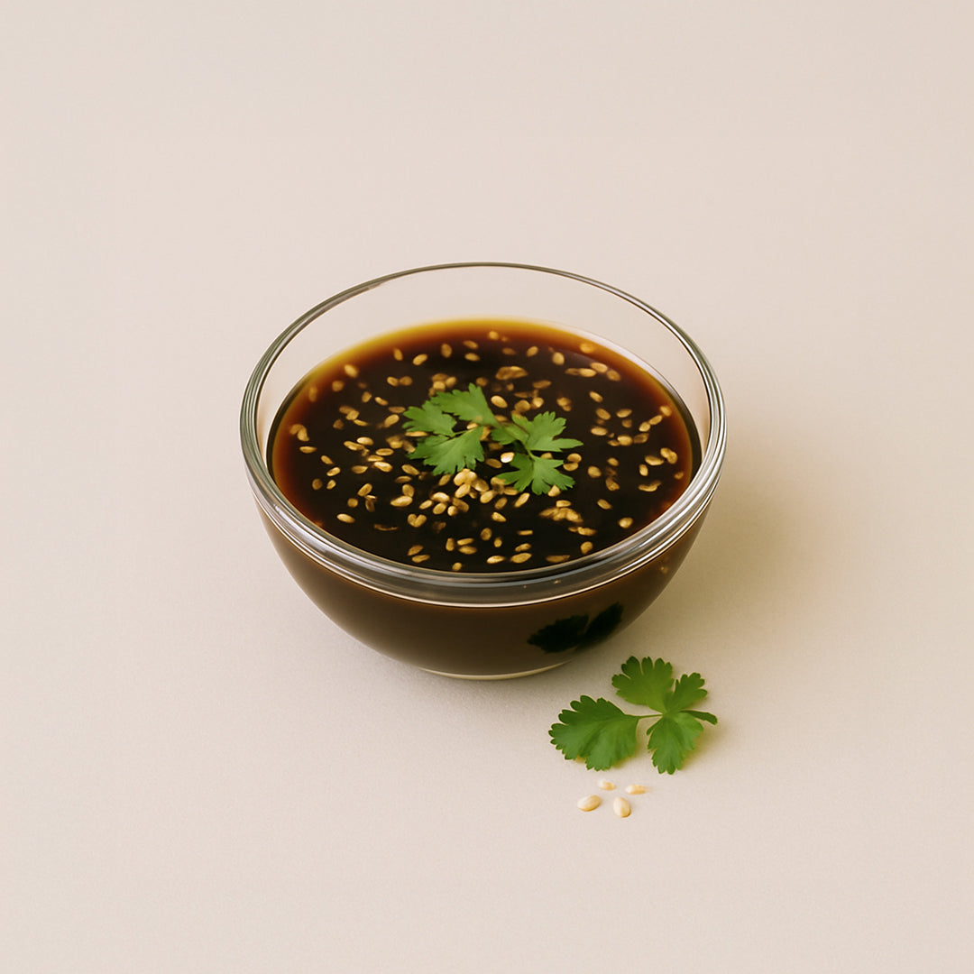 bol de vinaigrette maison au tahini et collagène marin mcs, garnie de coriandre et graines de sésame