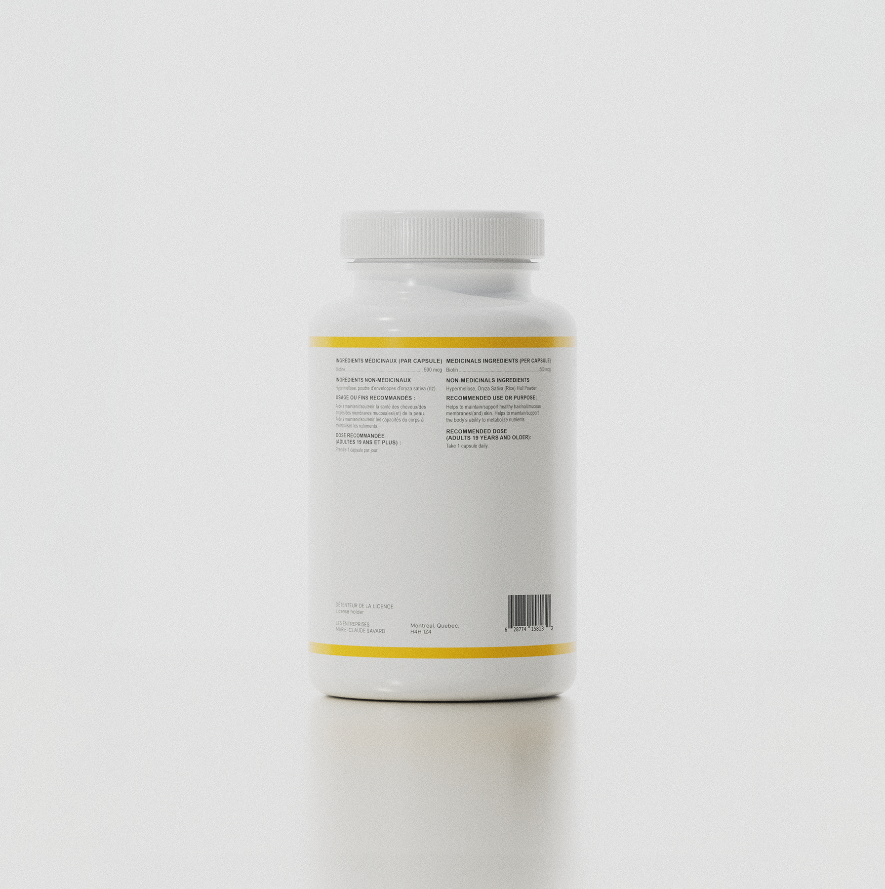 dos du flacon biotine mcs, complément alimentaire naturel pour cheveux, ongles et peau avec informations