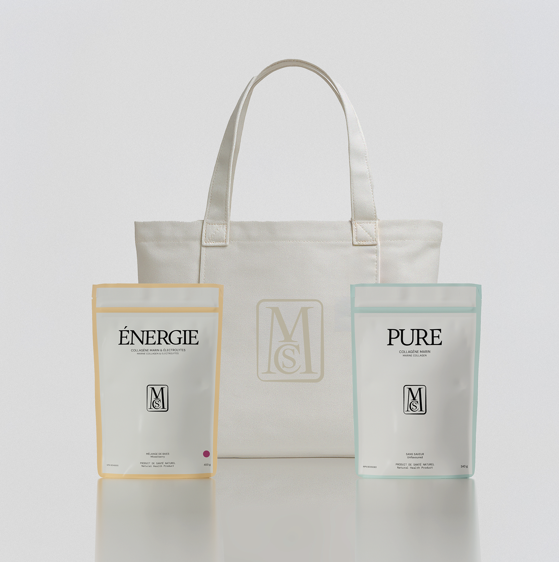 Coffret 4 : collagène marin PURE + collagène marin et électrolytes ÉNERGIE + sac fourre-tout