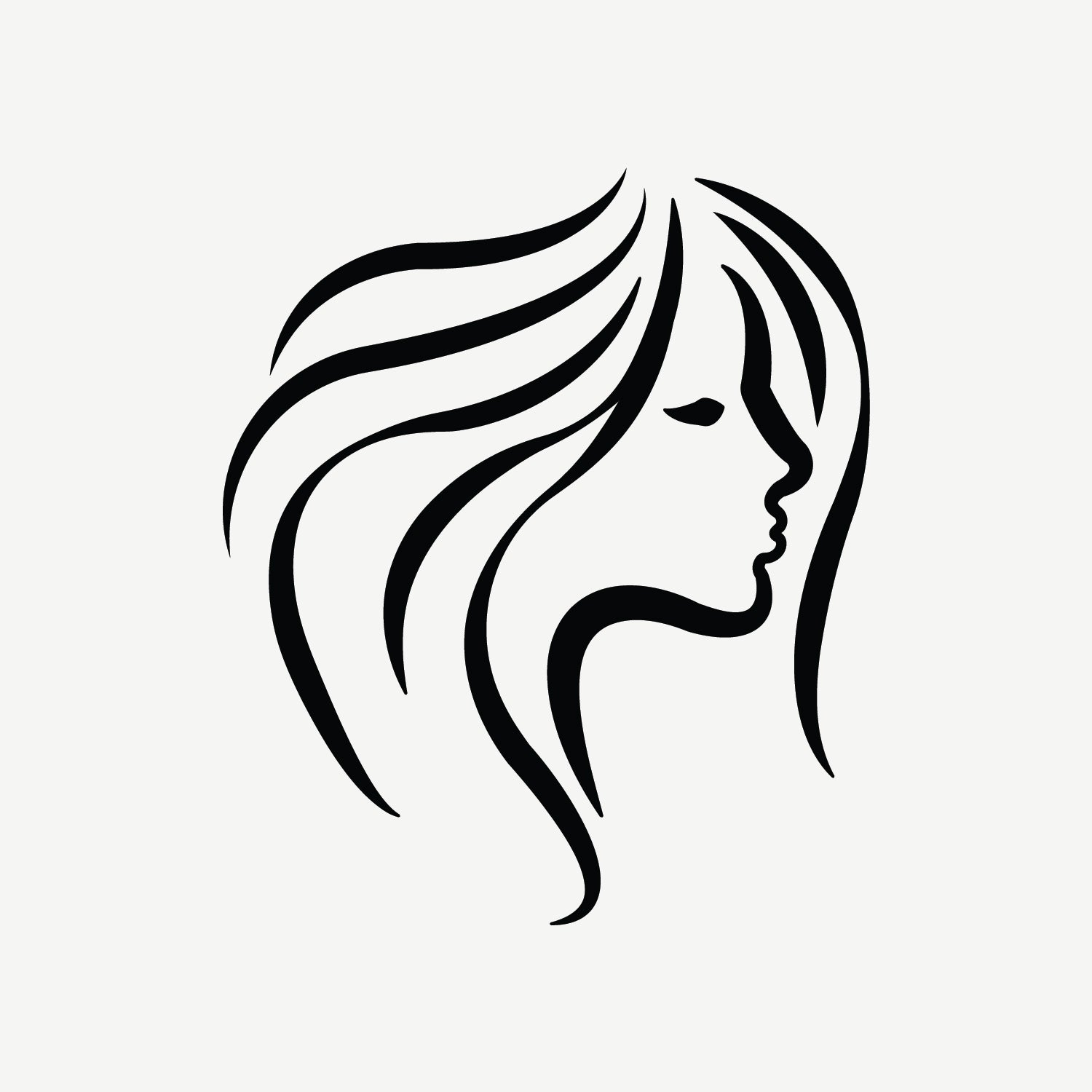 icône minimaliste d’un profil féminin avec une chevelure fluide pour illustrer la santé et la beauté des cheveux