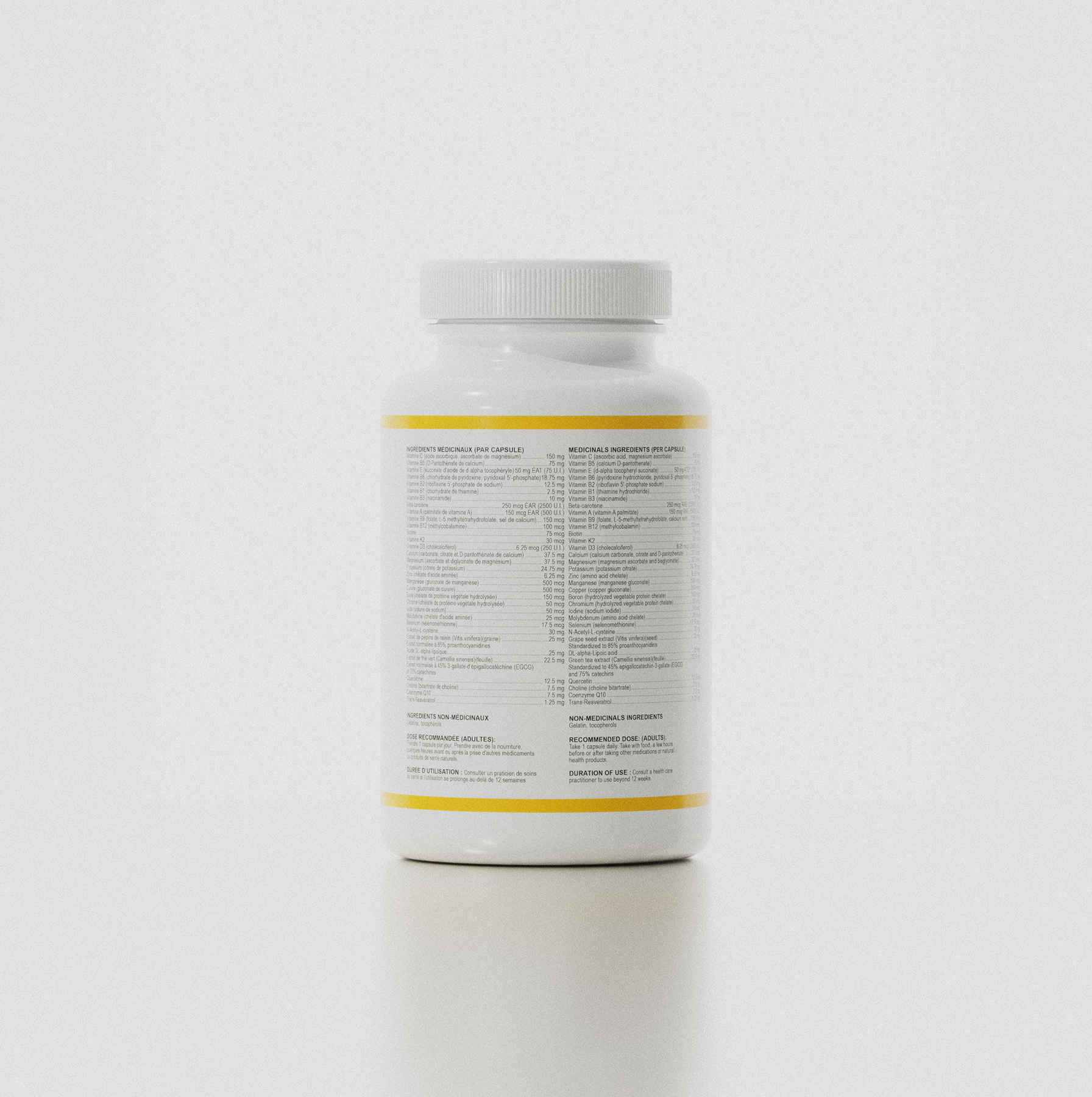 dos du flacon multi mcs de multivitamines, complément alimentaire naturel avec liste des ingrédients et posologie